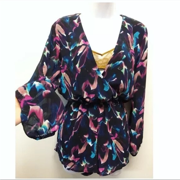 Luca Couture Watercolor Low Cut Sheer Arm Romper - Picture 3 of 15